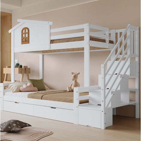 MODFU – Lit superposé enfant 90x200 et 120x200 cm pin et MDF – Tiroirs, fenêtres et échelle d'angle – Charge 120 kg, FSC – Chambre – Blanc et naturel (1/5)