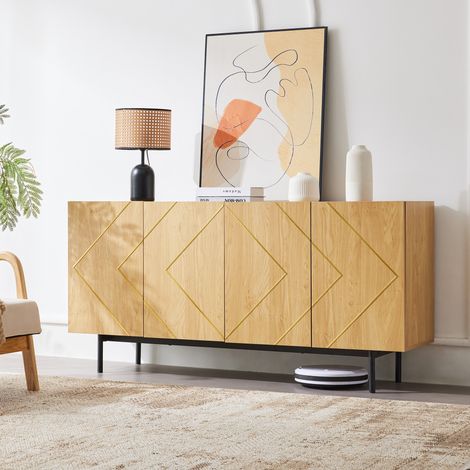 Buffet de salon, buffet bois avec 4 portes et incrustations métalliques, gand espace de rangement, 78x160x40 cm