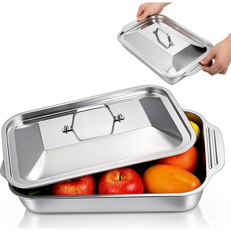 Plat Rectangulaire Inoxydable Avec Couvercle 40X24.50X11.50Cm Pour Poisson Grillé Poêle Profonde Anti-Débordement Pour Four Et Barbecue Plateau À Rôtir Polyvalent (1/5)
