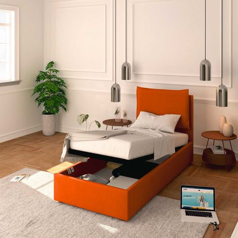 Baldiflex Letto Contenitore Singolo 90x200 Licia in Tessuto con Rete a Doghe colore Arancione Orange (1/5)
