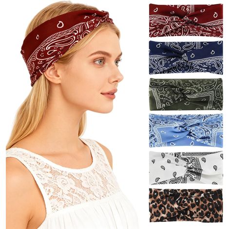 Set di 6 fasce elastiche extra larghe da donna, stile boho vintage, antiscivolo, ideali per yoga e fitness (stampa leopardata, tinta unita). (1/5)