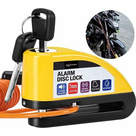 Bloque Disque Moto Alarme 110db Antivol Moto, Alarm Disc Lock Electrique avec 1.5m Câble Rappel, Sac portable, Cadenas Anti Vole pour Motocycle Velo Vespa Moped Moto Cross (1/4)