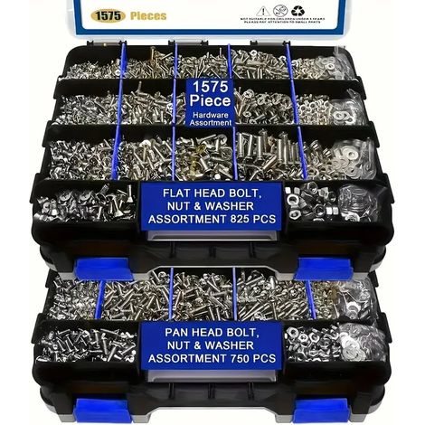 Coffret de visserie inox 304 - 1575 pièces, assortiment de vis cruciformes à tête bombée et à tête fraisée, écrous et rondelles, boîte de rangement compartimentée pour bricolage, atelier et réparation (1/3)