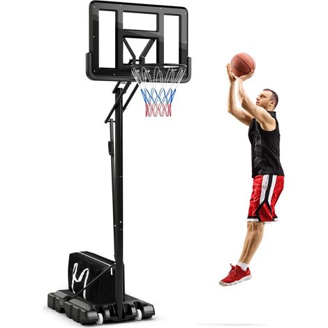 GOPLUS Panier de Basket Portable avec Roues, Hauteur Réglable 206-305cm, Support de Panier de Basket-Ball avec Jante en Métal 48 cm, Base Remplisable de Eau ou Stable (1/5)