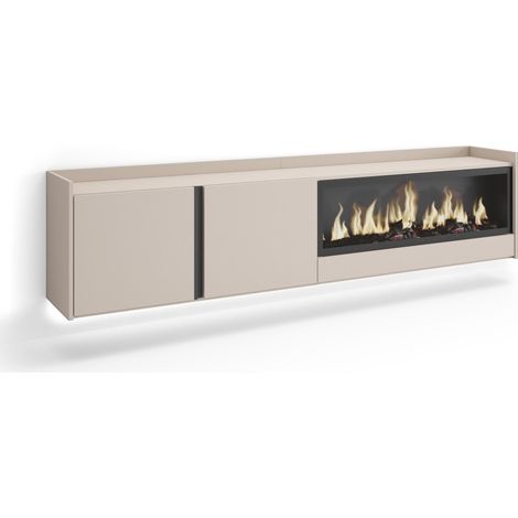 Skraut Home - Meuble TV, Banc Télé, Grand espace de Rangement, 212x35x50cm, Pour les TV jusqu'à 80", Cheminée électrique XXL, Suspendu, Mural, LED, Style moderne, Beige (1/5)