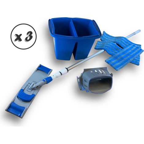 Kit Lave Sol Pro 3 Franges Micro Manche 3,80m Seau Double - Quantité x 3 - Kit lave sol télescopique (1/5)