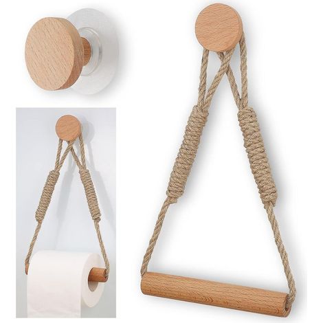Porte-rouleau de papier toilette autocollant, porte-rouleau de papier toilette vintage avec corde en chanvre, porte-rouleau de papier toilette en bois (1/5)