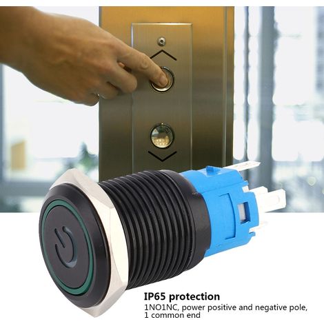 Lot de 2 commutateurs métalliques noirs auto-vérouillables étanches IP65 avec témoin LED et pictogramme 16 mm (vert 12 V CC) (1/5)