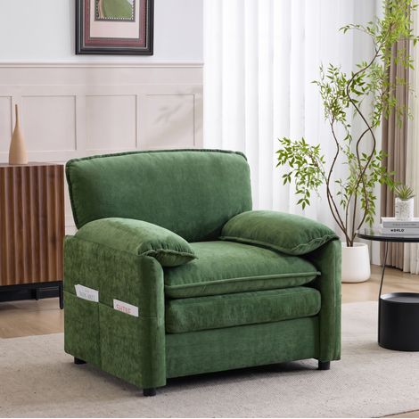 Fauteuil 1 place rétro avec poches de rangement latérales 96x90x92 cm chenille vert REDOM (1/5)