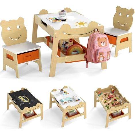 COSTWAY Set Tavolo e 2 Sedie per Bambini,Lavagna Reversibile,5 in 1 Tavolino e Sedie，3+ Anni，Naturale (1/5)