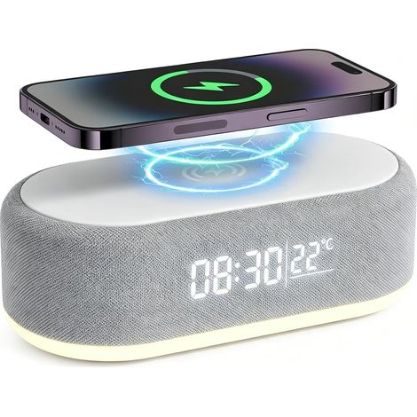 Réveil Chargeur Induction 3 en 1, Horloge Numérique LED, Chargeur Induction pour Android, Simulateur d’Aube, Réveil Connecté avec Lumière, Double Alarme, USB, Design Moderne (1/5)