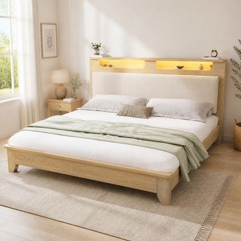 Letto matrimoniale 165x215x110 cm, testiera con LED, vano contenitore, materasso incluso, corduroy beige e legno (1/5)