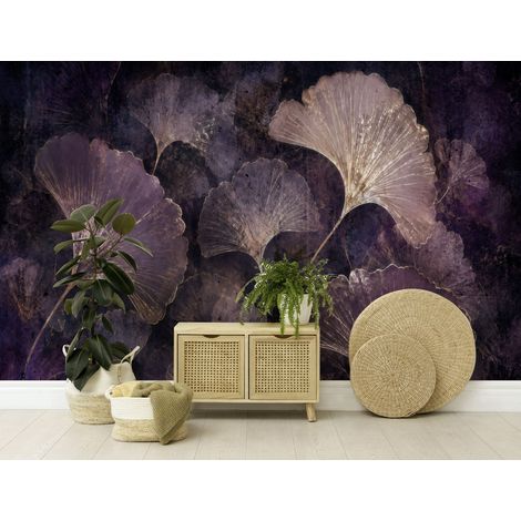 Papier peint panoramique feuilles de ginkgo bordeaux glamour pour salon et chambre 254x184 cm (1/5)