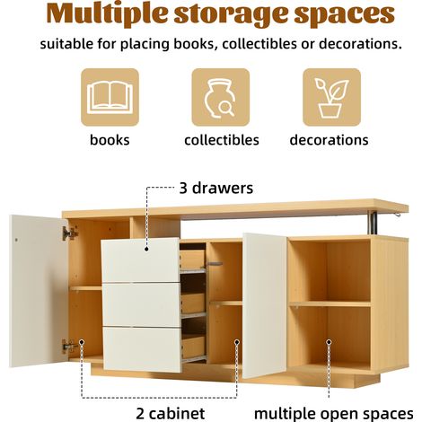 Meuble TV multifonction blanc et imitation bois, 140 cm de long, 2 portes, 3 tiroirs, 2 étagères ouvertes, éclairage LED intégré (1/5)