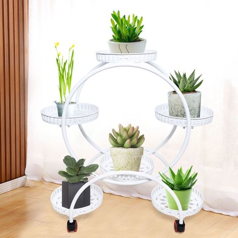 4-stöckiger Blumenständer aus Schmiedeeisen, hoher Pflanzenständer aus Metall mit Rollen, Blumentopfhalter für Wohnzimmer, Balkon, Hof, Büro, Garten (Weiß)