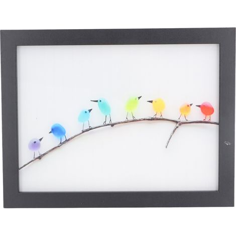 Décoration Murale Oiseaux Arc-en-Ciel en Verre de Mer - Cadre Photo Artistique Coloré en Bois et Verre Marin (1/5)