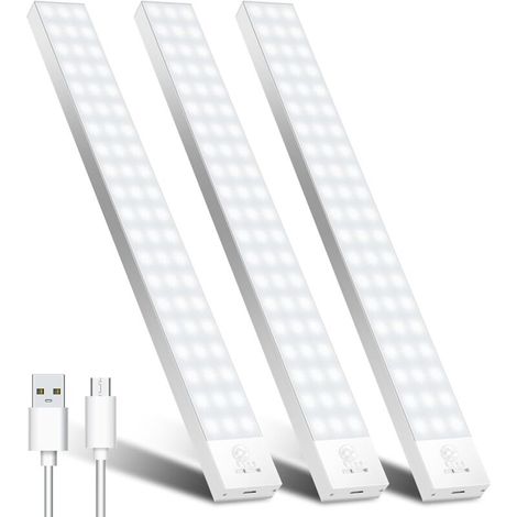 32CM Lampe de Placard Detecteur De Mouvement Lot de 3, 5000K 1500mAh Lampe Led Detecteur De Mouvement Veilleuse Réglette LED Rechargeable Eclairage Led pour Escalier, Couloir, Cuisines, Armoire (1/5)