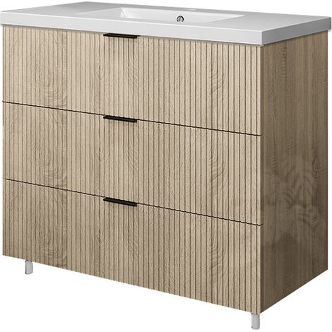 OCEAN Ensemble meuble Salle de Bain Chêne Suspendu, 99cm Haute Brillance 3 Tiroirs avec Vasque (1/5)