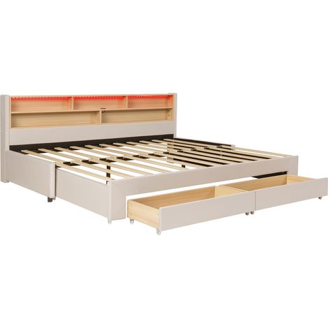 Lit gigogne enfant 90x200 cm en velours beige avec 2 tiroirs, extensible 180x200 cm, LED et ports USB (1/5)
