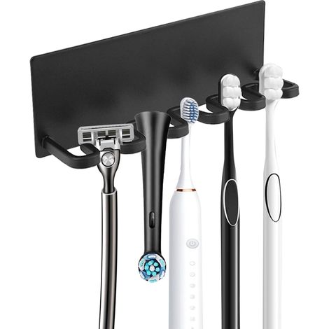 BEBUSINGOTO Soporte para cepillo de dientes de acero negro con 5 orificios, montaje adhesivo sin perforaciones, apto para cepillos de dientes eléctricos, para baño, espejo de pared, ducha inclinada, n (1/5)