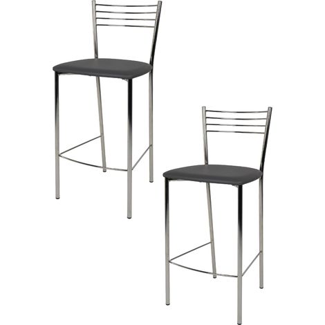 Tommychairs - Set 2 sgabelli alti modello Elena per cucina e bar, struttura in acciaio cromato e seduta imbottita e rivestita in pelle artificiale colore grigio scuro (1/5)