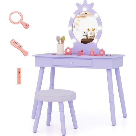 COSTWAY Set Toeletta Trucco per Bambina con Sgabello, Specchiera Trucco Staccabile con Luci LED a 3 Colori, Postazione Trucco Giocattolo con Cassetto e Accessori, per Bambine di 3-7 Anni (Viola) (1/5)