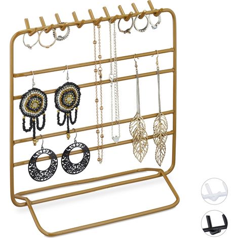 Relaxdays Jewellery Stand, Necklaces, Earrings, Bracelets, Iron, H x W x D 21 x 20 x 10 cm, Gold