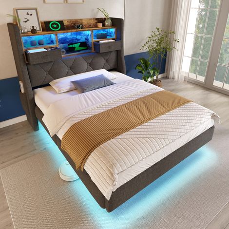 Lit Rembourré 90x200 cm Lit Simple avec Effet Flottant LED, Tête de Lit Capitonnée, Charge USB, Sommier à Lattes - Tissu Lin - Gris (1/5)