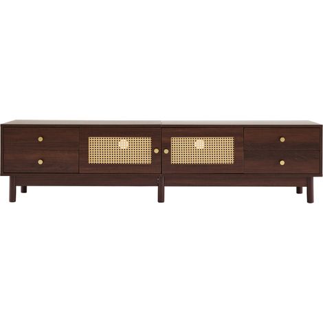 TV-Lowboard 180 cm in dunkler Holzoptik mit Rattantüren, 4 Schubladen und Kabeldurchführung (1/5)