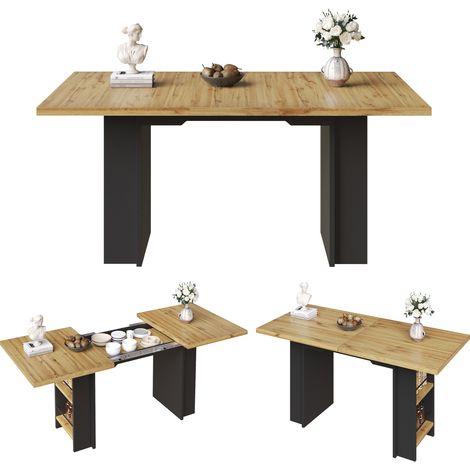 Table à manger télescopique (120-160×80cm), table avec étagères, table de cuisine, table extensible, extensible de 120 à 160 cm à l’aide de plateaux d’extension internes, pour cuisine et salon, couleu (1/5)