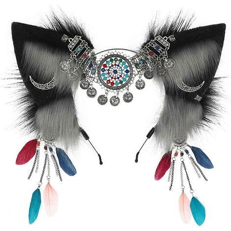 Serre-tête à oreilles en peluche et pompons, style ethnique vintage, bandeau pendant, accessoire cosplay, BD, pour filles, roue lunaire (1/5)