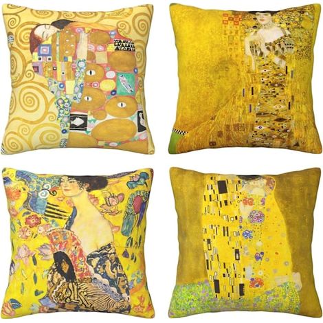 Filiyano-Ensemble de 4 housses de coussin jaunes reproduisant le tableau « Le Baiser » de Gustav Klimt, housses de coussin carrées décoratives pour (1/5)