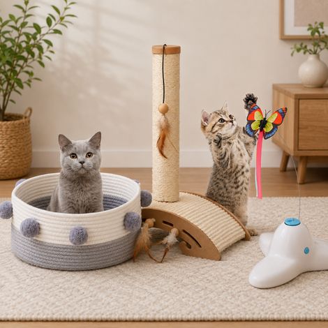Set de confort para gatos de felpa (3 piezas): rascador de sisal, cama de algodón para gatos y juguete de mariposa (1/5)