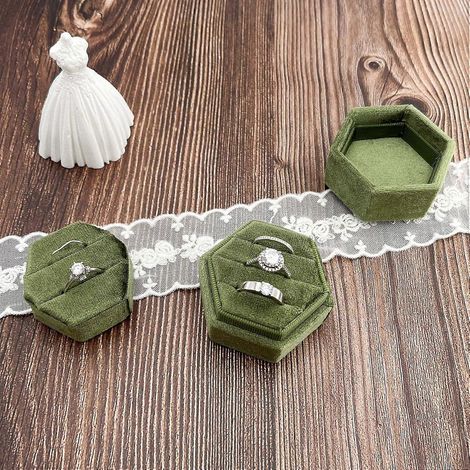 Boîte à bagues 2 en 1 en velours, porte-bagues double hexagonal, 2 ou 3 emplacements, coffret cadeau fait main pour demande en mariage ou fiançailles, vert olive (1/4)
