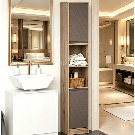 Meuble salle de bain colonne, rangement, gris et chêne HAVRYA (1/5)
