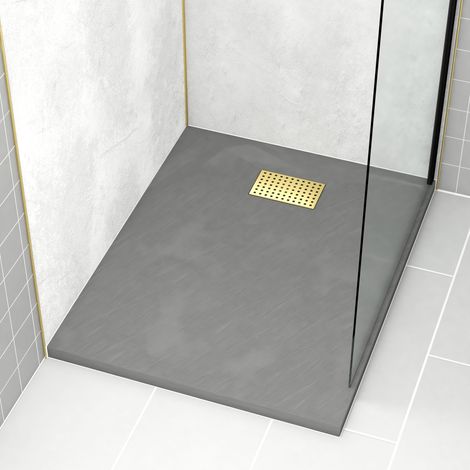 Piatto Doccia Grigio Effetto Pietra 80x100 cm e Griglia motivo Perforato Oro Spazzolato (1/4)