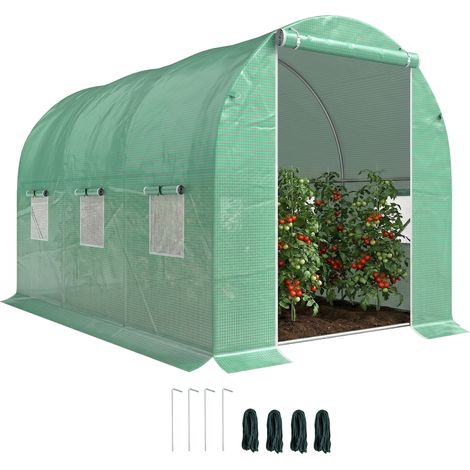 Serre tunnel 6m² 3x2x2m - Acier - Porte zippée - 6 fenêtres enroulables - Vert (1/5)