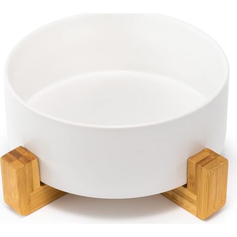 Gamelle en céramique avec Support en Bambou pour Chat et Chien (1800ml, Blanc)