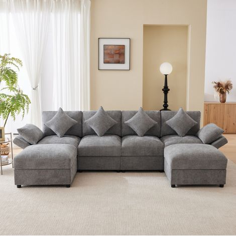 Divano angolare modulare in chenille grigio 284x156,5x86 cm con 2 pouf e braccioli regolabili (1/5)