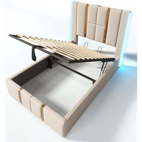 Cama individual LED de 90 x 200 cm, somier de láminas de madera, tela de lino beige, con carga USB tipo C, apto para adolescentes y adultos (colchón no incluido). (1/5)