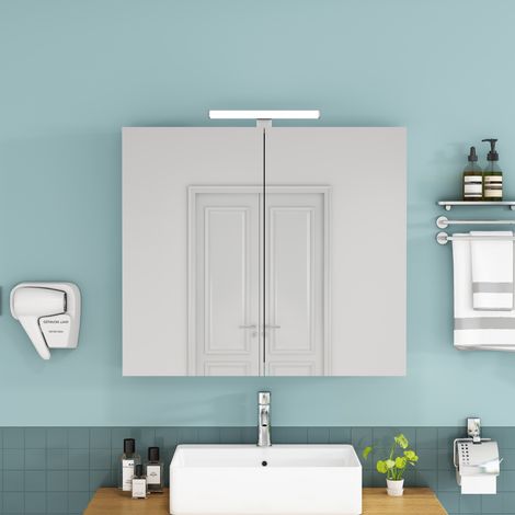 Mueble de baño 80 cm blanco de 2 puertas, LED y enchufe francés HAVRYA (1/5)