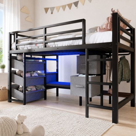 Cama alta 90x200 cm de metal negro con LED, cojín, bolsillo y perchero OKWISH (1/5)