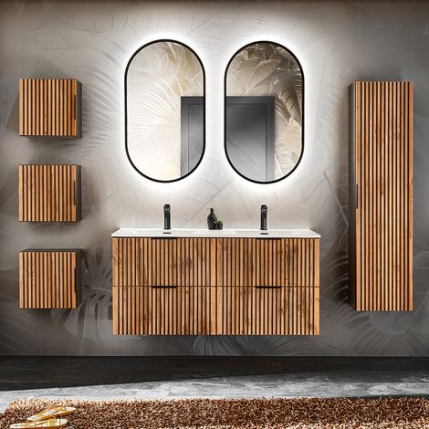 Petits-Meubles – Ensemble meuble salle de bain double vasque encastrée 120 cm – Colonne et 3 armoires murales – Panneaux mélaminés et MDF – Finition bois chêne et noir (1/5)