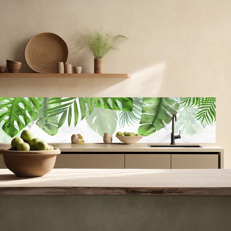 Lupia Pannello Paraschizzi Schienale Cucina con decorazione stampata, TROPICAL LEAVES, in Alluminio composito, Facile da applicare, Lavabile Ignifugo Resistente all'Acqua 300xH62,5 cm (1/4)
