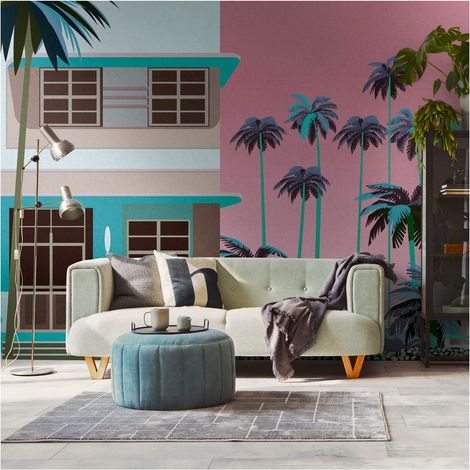 Sfondo fotografico Profhome 398931 Carta da parati TNT goffrata a caldo liscia con motivi architettonici opaca blu rosa-fucsia marrone 3,71 m x 2,8 m (1/4)