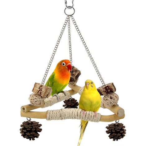 Balançoire à oiseaux pour cage avec jouets à mâcher, 3 perchoirs enveloppés de sisal et design triangulaire stable, jouets à suspendre en bois pour perruches calopsittes, inséparables, conures (1/4)