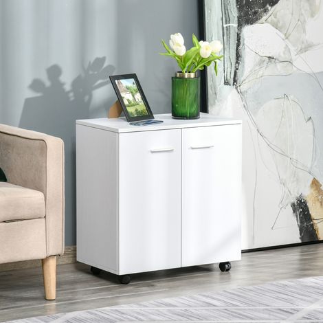 Meuble de Rangement Buffet bas sur roulettes avec 2 Portes étagère Interne pour salon. chambre. bureau 60 x 35 x 65 cm Blanc