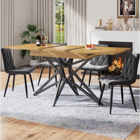 Table à manger extensible, placage marbre, pieds métalliques en forme d'étoile, table de cuisine-salon, MDF, 120x80×76cm, marron clair (1/5)