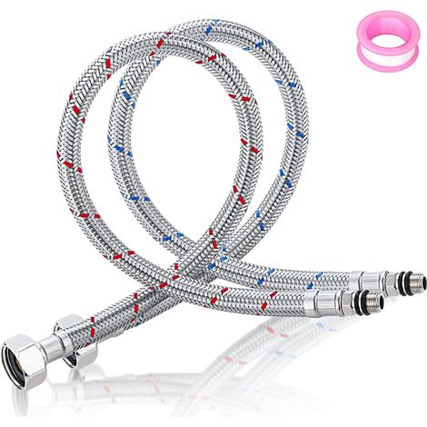 Lot de 2 tuyaux blindés 3/8", Tuyaux de Raccordement Flexibles Robinets 80 cm, tuyau flexible G3/8 x M10, raccord de tuyau de raccordement en acier inoxydable tressé avec ruban d'étanchéité (1/5)