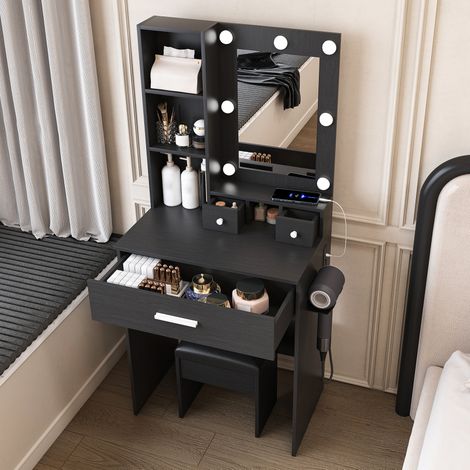 Schminktisch-Set 60x38x131.5 cm schwarz MDF mit LED-Spiegel, Steckdose und Hocker (1/5)
